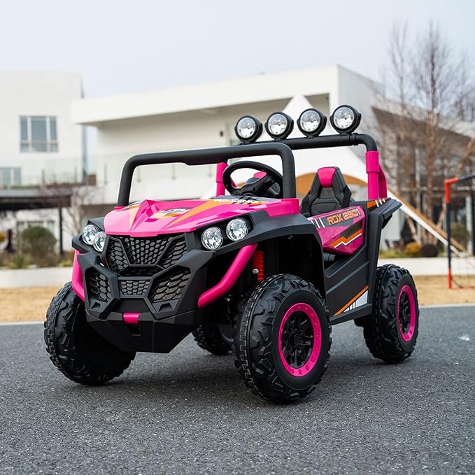 24V 2-Seater Kids Ride-On UTV, 4WD Electric Car with Parent Remote Control, 4x200W Motor, Spring Suspension, LED Headlights & Searchlights, Bluetooth Music, 3-Speed, New Edition, Magenta