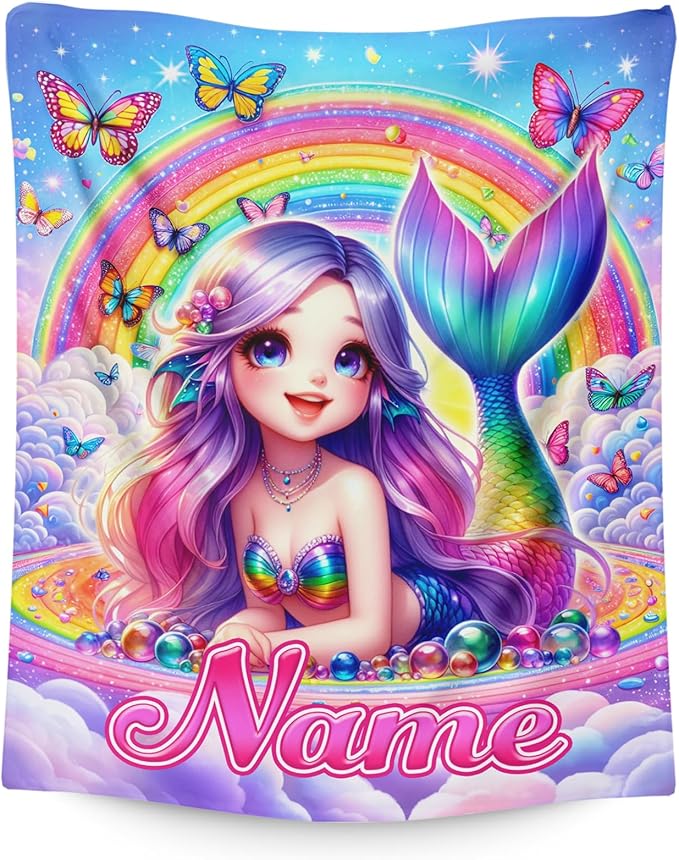 Kids Blanket for Girls Personalized Mermaid Gifts for Daughter, Custom 60x50 Inches Cozy Fluffy Rainbow Mermaid Blankets Throws for Bedroom Couch Camping Living Room