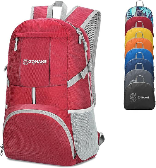 ZOMAKE Lightweight Packable Backpack 35L, Light Foldable Backpacks Water Resistant Collapsible Hiking Bag, Compact Folding Day Pack for Travel Camping(Red)