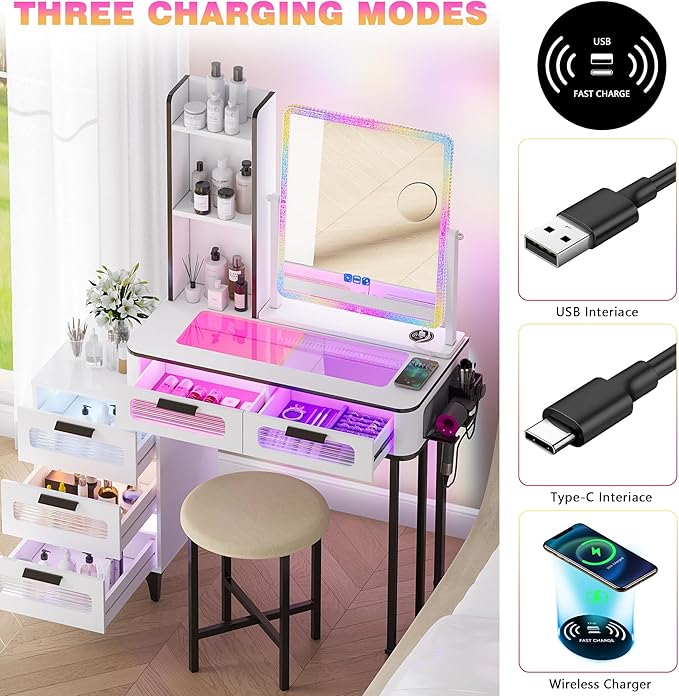 HNEBC Vanity with LED Mirror, Glass Top Dresser with Wireless Charging Station for Bedroom, Small Makeup Desk with 6 Drawers, Girls Dressing Table with Auto RGB Lighted for Christmas (5078-White)