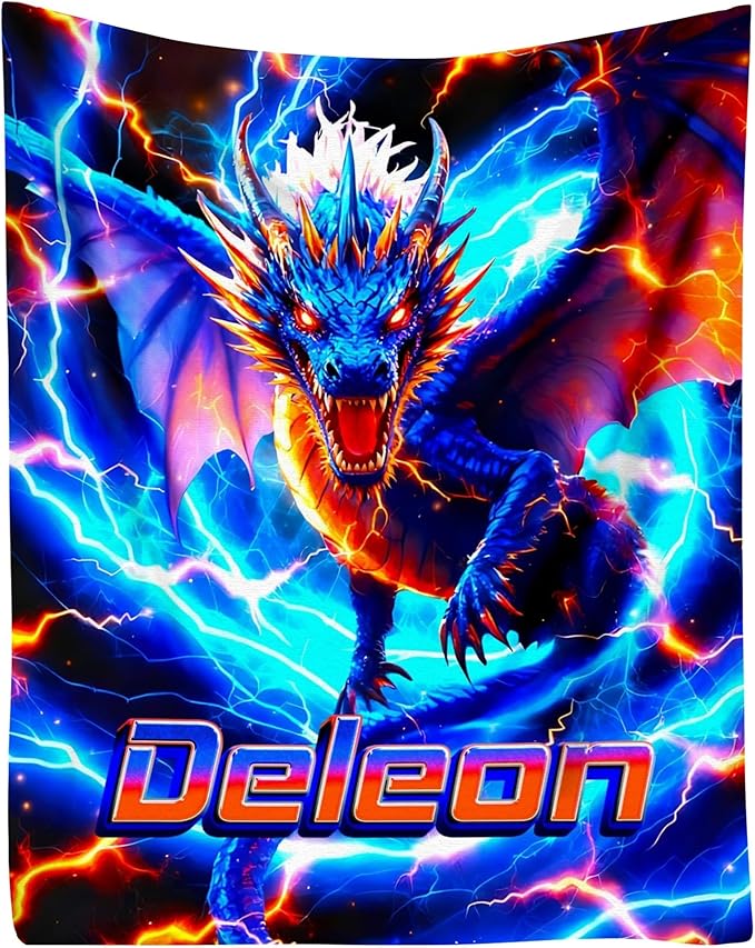 Custom Dragon Blanket with Name Personalized Lightning Throw Blanket for Boys Toddlers Gifts for Couch Sofa Bed Decor(Boy-02)