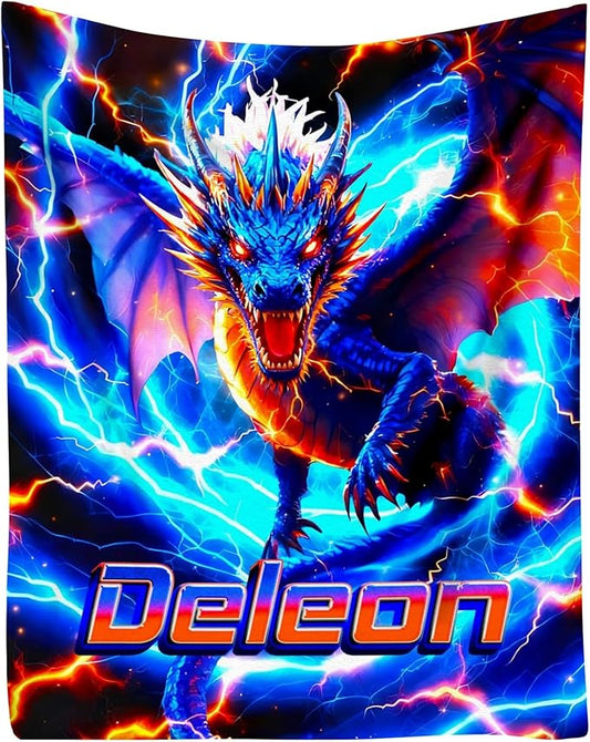 Custom Dragon Blanket with Name Personalized Lightning Throw Blanket for Boys Toddlers Gifts for Couch Sofa Bed Decor(Boy-02)