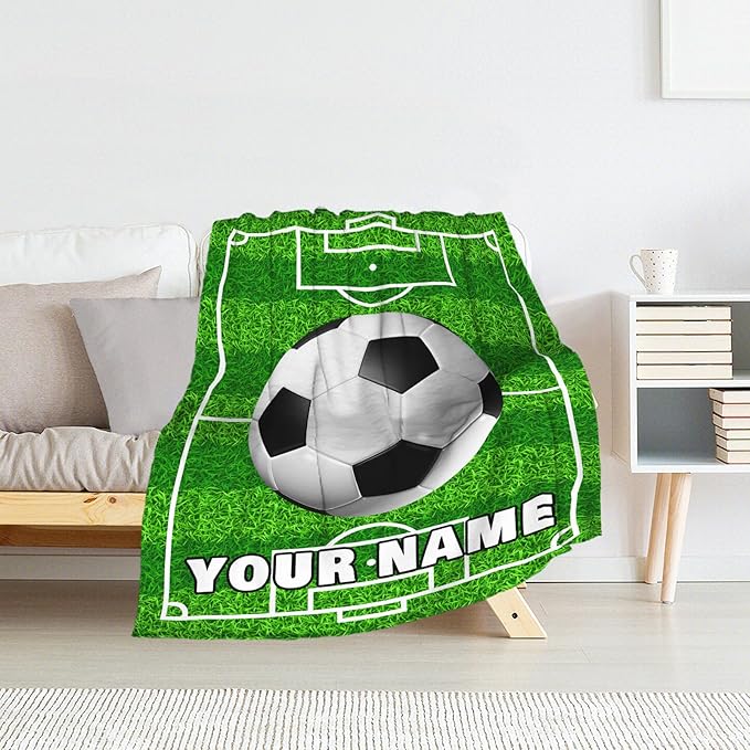 Personalized Soccer Throw Blanket with Name - Soft, Fuzzy & Warm - 40x50 Inches Crib Size Blanket for Couch, Office - Green Cute Throw Gift for Girls, Boys