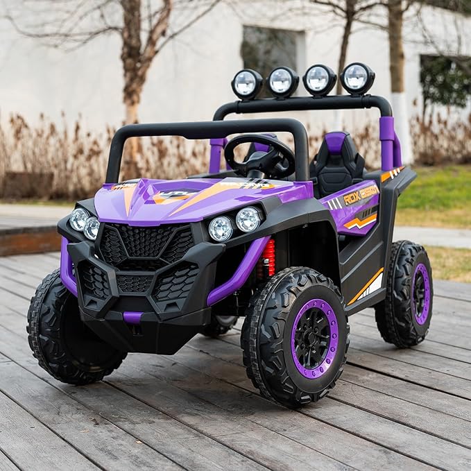 24V 2-Seater Kids Ride-On UTV, 4WD Electric Car with Parent Remote Control, 4x200W Motor, LED Headlights & Searchlights, Bluetooth Music, Spring Suspension, 3-Speed Off-Road Toy Gift, Purple
