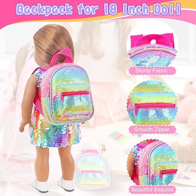 UNICORN ELEMENT 14 Pcs American 18 Inch Girl Doll Accessories School Supplies Set - Doll Backpack, School Supplies, Sunglasses & Hairclips for My Life, Journey & Other 18" Dolls