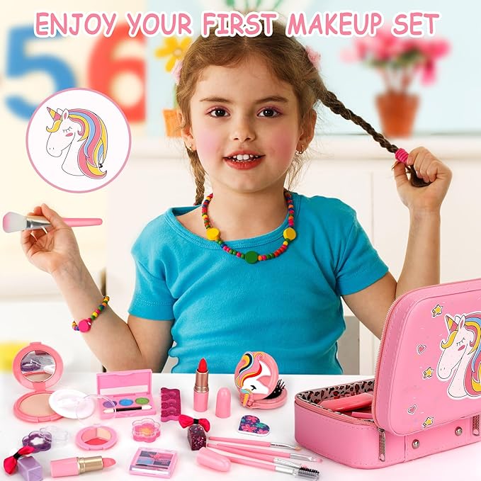 Kids Makeup Kit for Girl, Washable Make Up Set Girl Toys, Real Girls Makeup Kit, Princess Children Toddler Make Up Set with Cosmetic Case Christmas Birthday Gift for Girls Age 4 5 6 7 8 Year Old