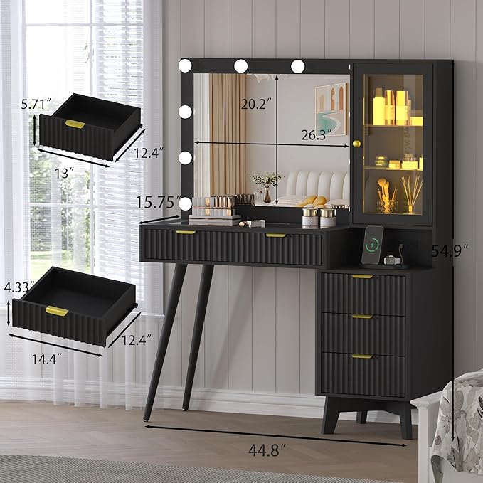 45” Fluted Makeup Vanity Desk with Mirror and Lights, Glass Top Dressing Table with 5 Drawers, LED Lighted Adjustable Cabinet, Trays & Charging Station for Bedroom Dressing Room