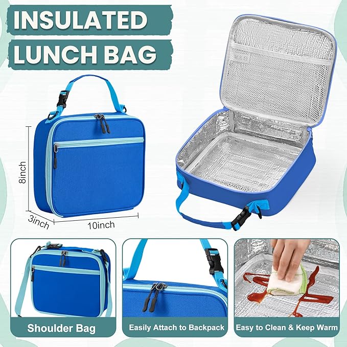 PIQUEBAR Bento Lunch Box for Kids with Thermo Ice Pack Lunch Food Container Insulated Bag, 18oz Plastic Sport Water Bottle for Kid Girls Boys (T-Blue Dinasour)