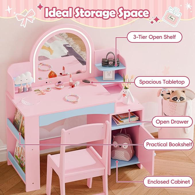 MU Kids Vanity with Lights, Princess Makeup Vanity Desk with Open Bookshelf, Storage Cabinet & Shelves, 2 in 1 Toddler Vanity Table & Chair Set with Lighted Mirror for Little Girls (Blue)