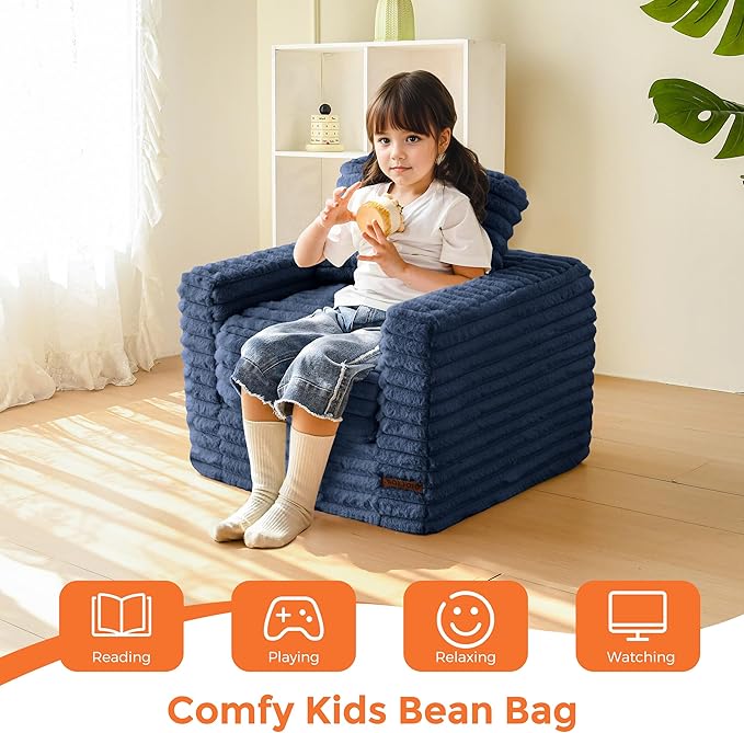 MAXYOYO Kids Bean Bag Chair, Comfy Faux Fur Bean Bag Sofa with Filler, Upholstered Floor Sofa with Pillows and Armrests, Lazy Floor Chair Couch for Boys and Girls, Navy