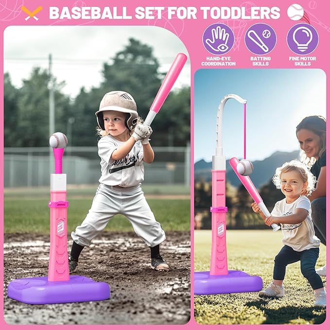 3 in 1 Kids Basketball Hoop and T Ball Set, Adjustable Height Toddler Basketball Hoop, Hanging Tee Baseball, Indoor Outdoor Sports Toys Gifts for Toddlers Boys Girls Ages 3 4 5 Year（Pink