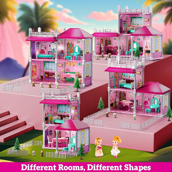 Pink Villa Playset for Girls Ages 3-7, 2-Story 4 Room House with 2 Dolls, Furniture and Accessories, Indoor Playset Girls Toys for Ages 6-8, Pretend Toddler Toy, Birthday Gifts for Kids 4-8