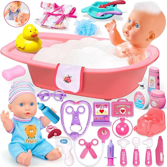 Baby Doll Care Toys, 30PCS Baby Dolls Bath Set & Doctor Kit, Pretend Play Baby Doll Set, Incl Bathtub, Bathrobe, ECG, Thermometer, Toddlers Toys Gifts for Age 3 4 5 6 Year Old Girls