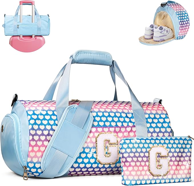 Gifts for 3 Year Old Girl, Girls Travel Duffel Bag, Kids Initial Overnight Bags with Shoe Compartment, Initial Duffle Bag with Makeup Pouch, Stocking Stuffers for Teens (Letter G)