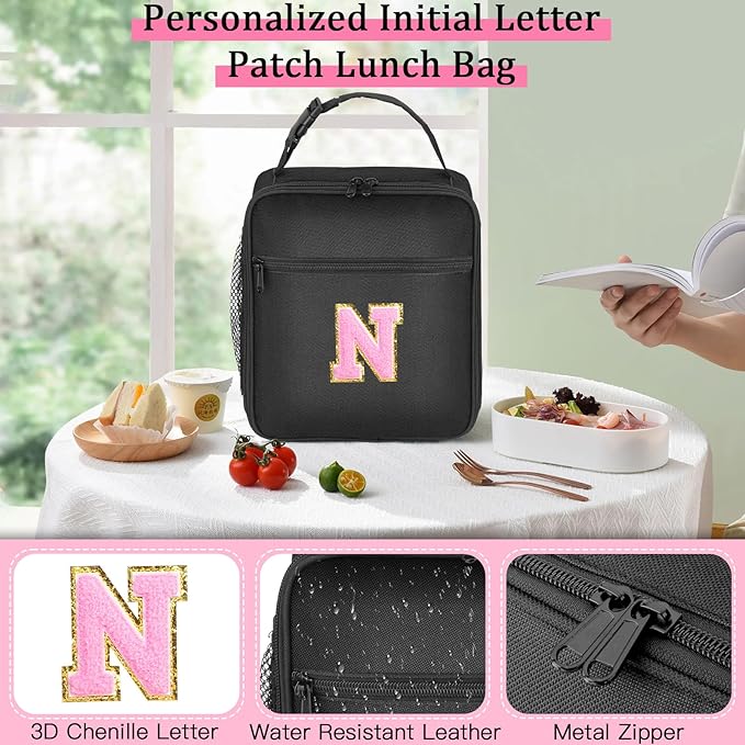 Initial Insulated Lunch Bag, Lunch Box with Initial Letter Patch for Teen Adult, Reusable Lunch Bag for Men Women, Ideal Back to School Gift Birthday Gift, Pink N