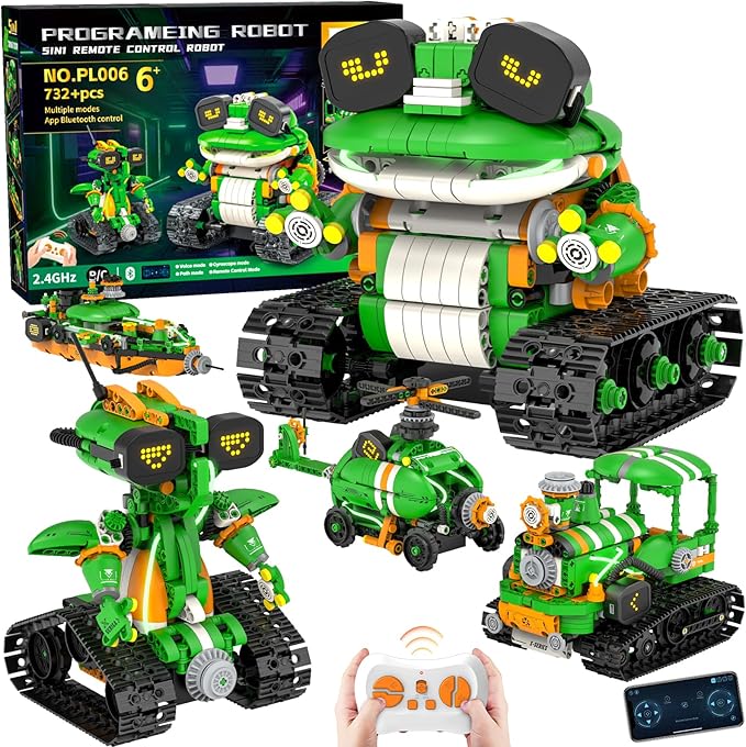 STEM Robot Building Kits for Kids 6-14, 5in1 Remote & APP Controlled STEM Tractor/Frog/Robot Building Toys, 732 Pcs Educational Building Block Sets for Kids, Erector Sets Gifts for Boys Girls