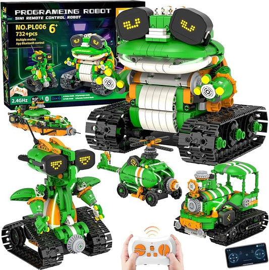 STEM Robot Building Kits for Kids 6-14, 5in1 Remote & APP Controlled STEM Tractor/Frog/Robot Building Toys, 732 Pcs Educational Building Block Sets for Kids, Erector Sets Gifts for Boys Girls