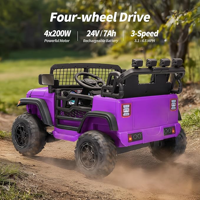 2 Seater Ride on Car Toy, 24V 4WD Electric Car for Kids 4-8 with Remote Control, 4x200W Motors, Capacity 110 lb - Purple