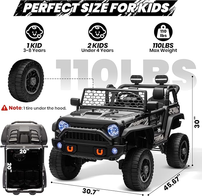 JOYRACER 24V 2 Seater Ride On Toys for Big Kids, 800W Power Truck Wheels with Remote Control, 4WD/2WD Switchable, 20" Spacious Seat, Soft Start, Bluetooth, Electric Car for Kids Ages 3-8, Black