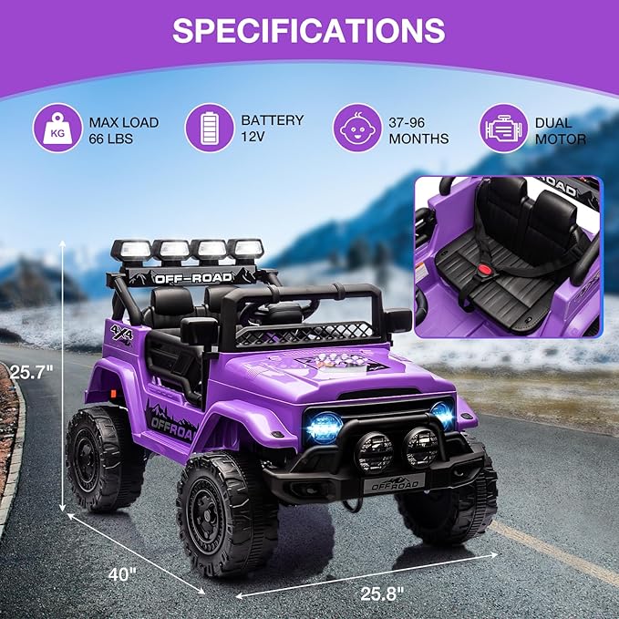 Ride On Truck Car 12V, Electric Vehicle w/Remote Control, 3 Speeds, LED Lights, Music, Spring Suspension, Ride on Car for Kids