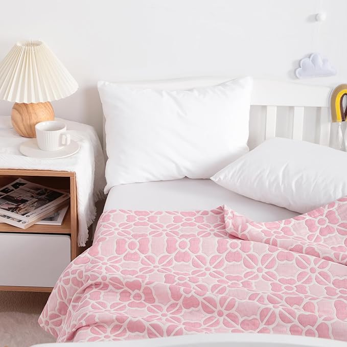 NTBAY 3 Layer Oversized Muslin Cotton Toddler Blanket, 45x60 Inches Jacquard Reversible Nursery Bed Blanket, Super Soft and Thermal Crib Blanket for All Seasons, Baby Gift, 45"x60", Pink Clover