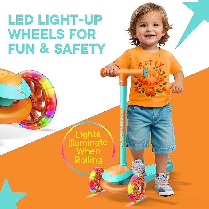3 Wheel Scooter for Kids, Smooth Light Up LED Front Wheels, Wide Anti Slip Deck, Rear Foot Brake, Easy Lean to Steer Maneuvering, Indoor & Outdoor Ride On Toys for Ages 2 Up