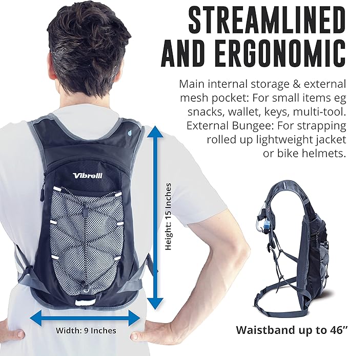 Vibrelli Hydration Backpack & 2L Hydration Bladder - High Flow Bite Valve - Hydration Pack for Cycling, Running, Hiking