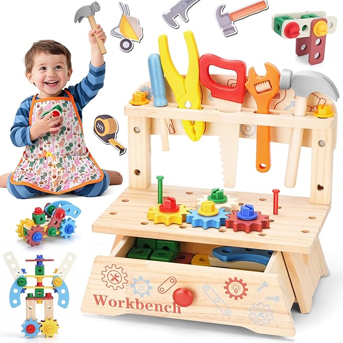 REXBETI Kids Tool Set, Wooden Toddler Tool Set with Apron, Toddler Tool Bench, Educational Montessori Toys for 3 Year Old Boys, Pretend Construction Kits, Birthday Gifts for 3 4 5 Year Old Boy Girl