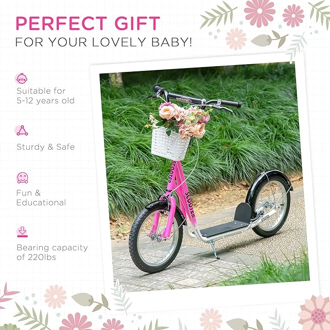 Aosom Youth Scooter, Kick Scooter with Adjustable Handlebars, Double Brakes, 16" Inflatable Rubber Tires, Basket, Cupholder