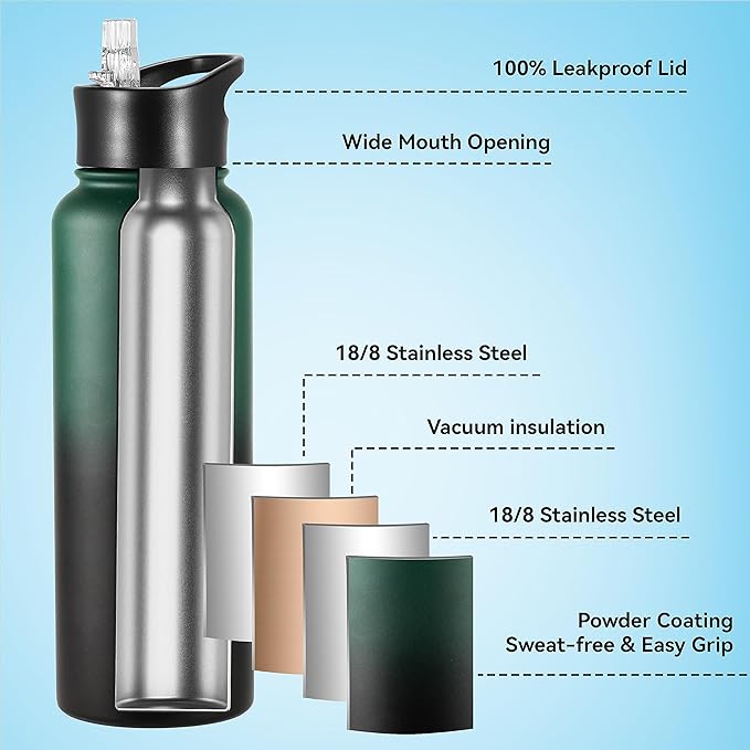 VEGOND 40 oz Insulated Water Bottle Stainless Steel Metal Water Bottles with Leak Proof Straw Lid & Spout Lid, Wide Mouth Double Walled Vacuum Travel Sports Bottle, Dark Green Black