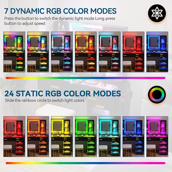 HENBC Vanity with Mirror and LED Lights, Glass Top Vanity Desk with Charging Station(Wireless+USB+Type-C), RGB Makeup Table Set with Stool/Makeup Organizer/6 Drawers (Black)