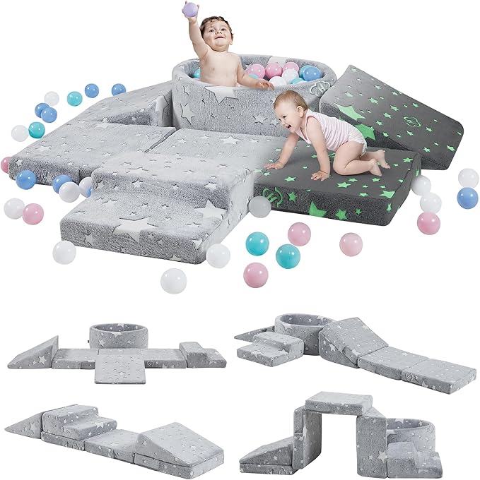 Foam Climbing Blocks with Ball Pit & Stairs for Toddlers Aged 1-3 -Soft Playset for Indoor Crawling, Foam Playground Set for Baby to Active Playing Inside -(Balls NOT Included),Stars