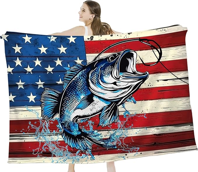 Bass Fish Blanket American Flag Fishing Throw Blankets Gifts for Girls Boys Kids Fishing Lover Soft Cozy Fleece Plush for Couch Sofa Bed 60"x50"
