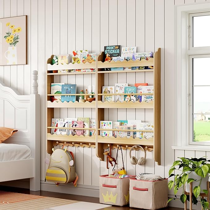 Treocho Kids Bookshelf, 3-Tier Wall Mounted Book Shelf, Kids Bookshelf and Toy Storage for Living Room, Bedroom and Nursery, Natural