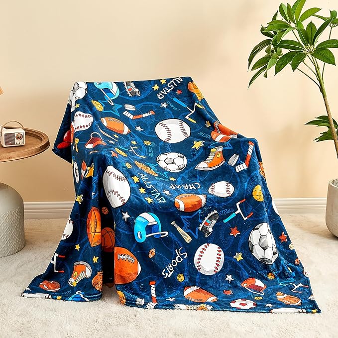 Wajade Sports Blanket for Boys,Soft Fleece 3D Soccer Basketball Baseball Football Kids Blanket for Couch Sofa Bedroom, Fuzzy Ball Throws for Kids Boys Teens,50"x60"