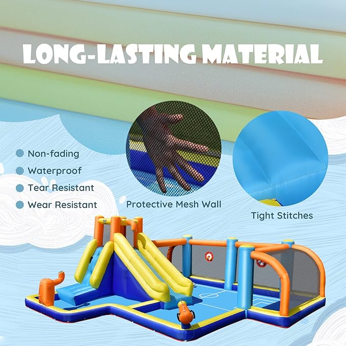 BOUNTECH Inflatable Water Slide, Kids Water Park Jump Castle Water Soccer with Dual Cannons, Splash Pool, Water Slides Inflatables for Kids Outdoor, Backyard Party Water Slide Bounce House with Blower