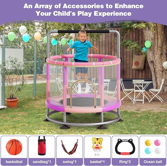 60" Trampoline for Kids, Anti-Rollover Round Bottom Baby Toddler Trampoline with Basketball Hoop, Indoor/Outdoor Kid MiniTrampoline with Enclosure Net, Children's Gift for Halloween, Christmas