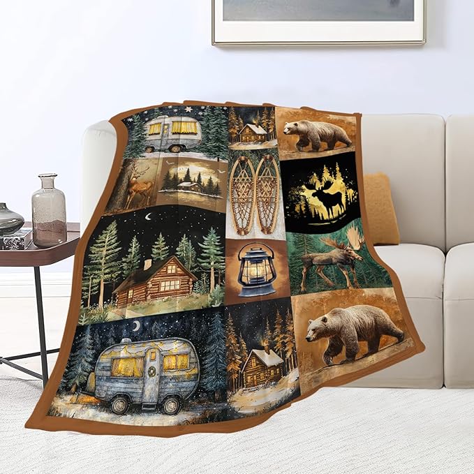 Camping Blanket Cabin Bear Deer Throw Blankets Gifts for Girls Boys Kids Camping Lover Soft Cozy Fleece Plush for Couch Sofa Bed 50"x40"