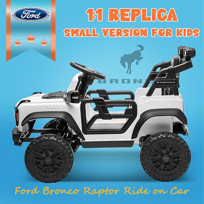 ENYOPRO Licensed Ford Bronco Raptor Electric Car for Kids, 12V Ride On Toys for Toddlers, Christmas Birthday Gifts Ride On Car for Kids Age 3-6 w/Remote Control, Bluetooth, LED Lights, 2 Speed (White)