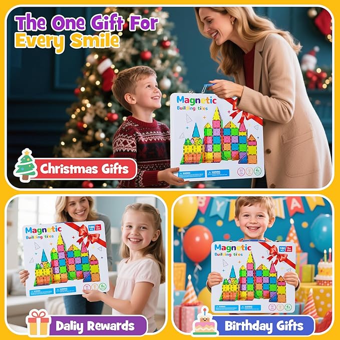 100Pcs Premium Magnetic Tiles Toys Set with Sturdy Iron Case, STEM Educational Building Blocks for Kids Ages 3-5 4-8, Montessori Sensory Toys, Creative Birthday Gifts for Toddler Boys & Girls