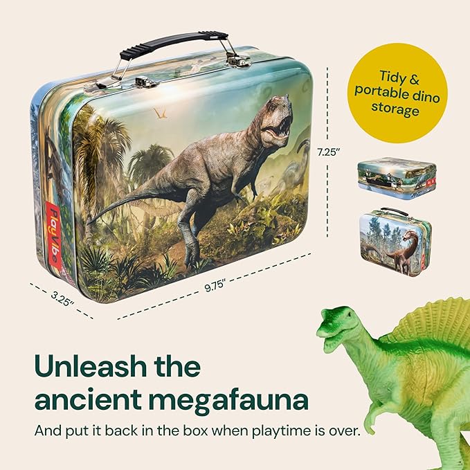 PLAYVIBE Dinosaur Toys - 12 Realistic 7-Inch Models, Multi-Color, Metal Storage Box - Dinosaur Figures & Action Figures for Kids Ages 3-7