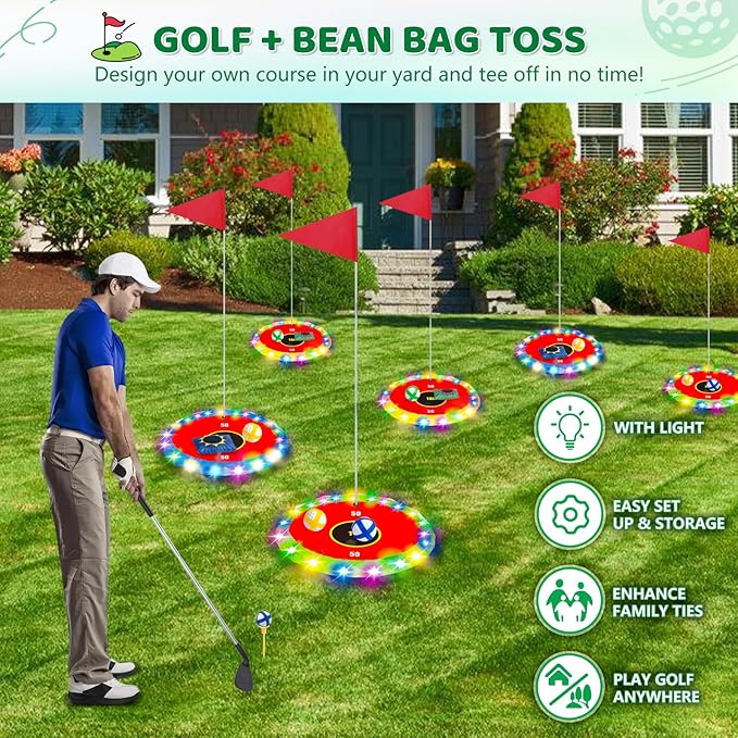 Light Up Golf Play Set - Upgraded Backyard Golf Chipping Game with 6 LED Targets, 2 Clubs, 18 Balls, 6 Bean Bags, Night Golf Toys Gifts for Kids Golfers Family Indoor Outdoor Beach Lawn Park