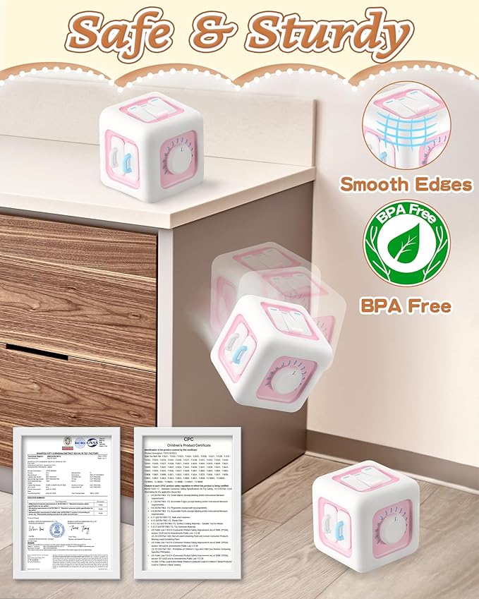 6 in 1 Busy Cube Montessori Toys for 1 Year Old Girl, Baby Sensory Toys for Ages 1-3, Toddler Learning Activities Travel Toy Birthday Gift for 1 2 3 Year Old Girl -Pink