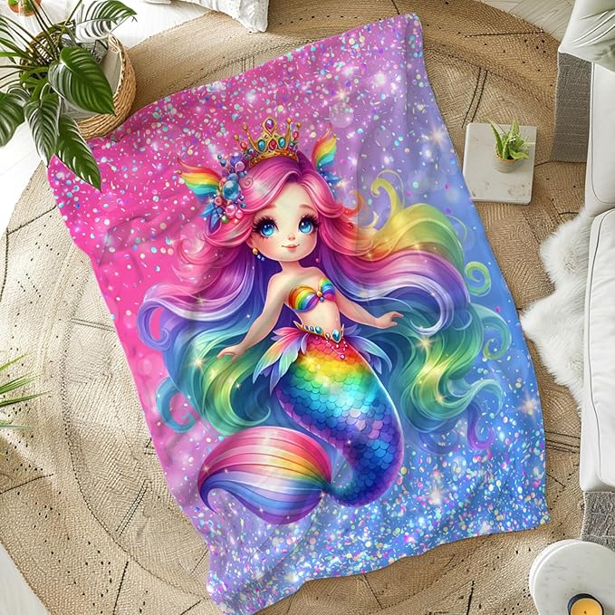 Mermaid Gifts for Kids Girls Blankets Gifts for Mermaid Lovers 6-8, 50x40 Inches Soft Cozy Warm Pink Glitter Animals Stuff Throws for Sofa Chairs Trip