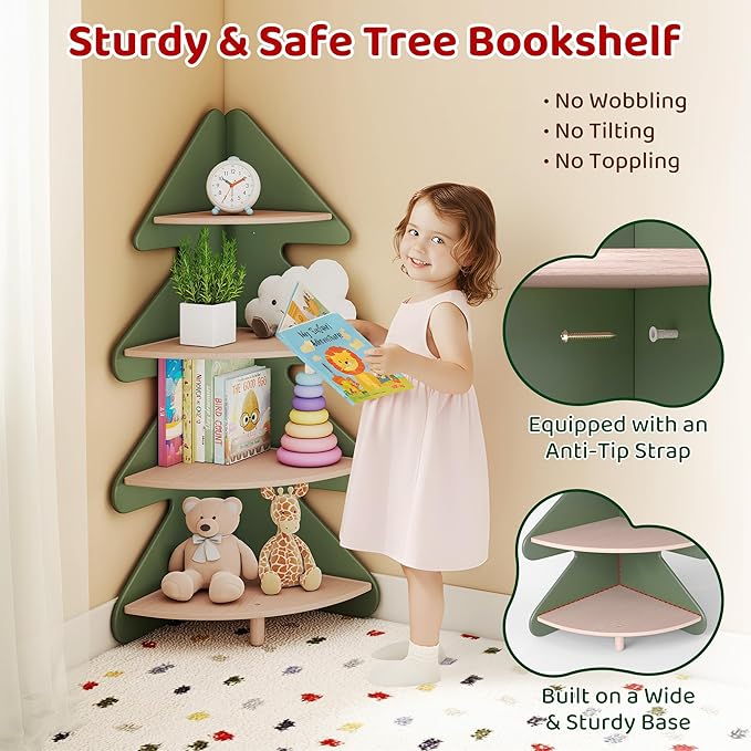 Tree Bookshelf for Kids, 4-Tier Montessori Corner Bookcase, Space-Saving Freestanding Storage Organizer for Books & Toys, Suitable for Kids Room, Playroom, Classroom, Nursery