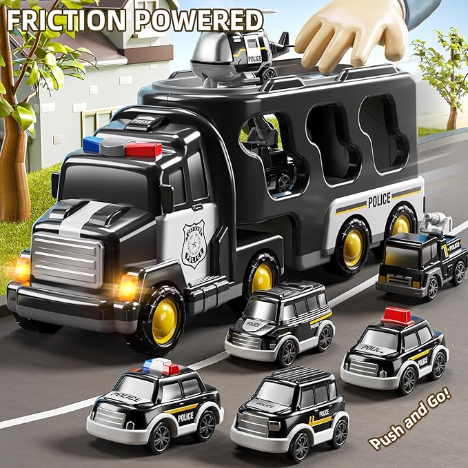 Police Truck Toy for 3-9 Years Old Boys & Girls - 7 in 1 Black Carrier Vehicle Set with 5 Toy Cars & 1 Helicopter, Friction Powered Car for Kids Age 1-3, Birthday Gifts for Toddlers 3-5