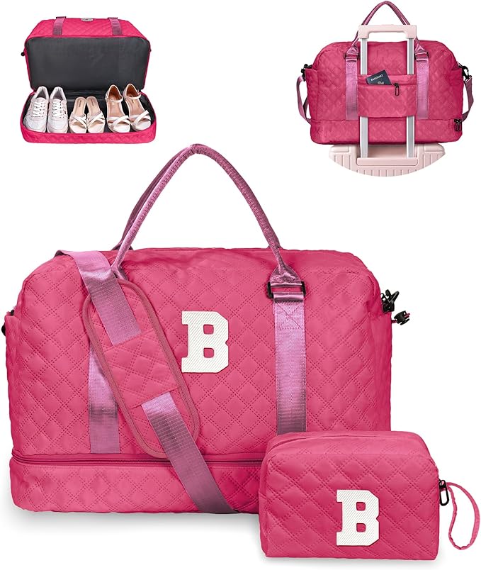Sweet 15 Gifts for Girls-Initial Travel Bag with Shoe Compartment, Personalized Weekender Bag, Monogram Overnight Bag for Women, Letter Travel Bag with Makeup Bag (Letter B)