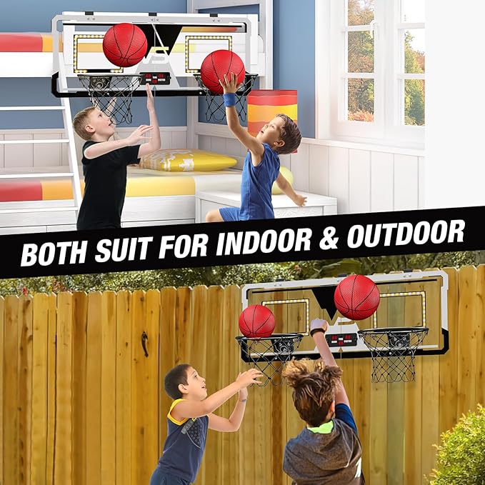 2 Player Basketball Game, Dual Shot Over The Door Mini Basketball Hoop Indoor with Scoreboard & LED, Basketball Toy Gifts for Kids Boys Girls Adults, Suit for Bedroom/Office/Outdoor/Pool, Black