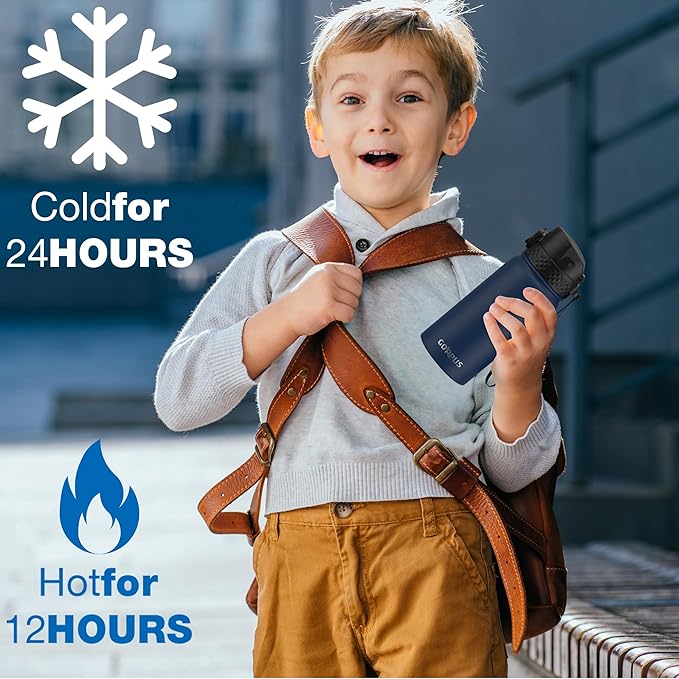 Kids Water Bottle, GOPPUS 14 Oz Stainless Steel Travel Bottle, Double Wall Vacuum Leak Proof Kids Cup for School Boys Girls, Navy Blue