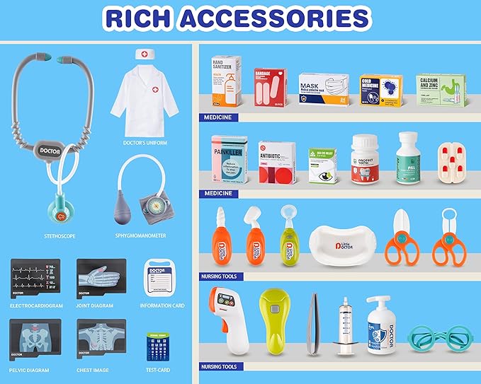 Doctor Kit for Toddlers - Deluxe Pretend Play Medical Cart Toy Set with Stethoscope ,Thermometer,Doctor Costume & Carry Bag - Educational Role Play Gift for Kids Boys & Girls Ages 3 4 5(Blue)